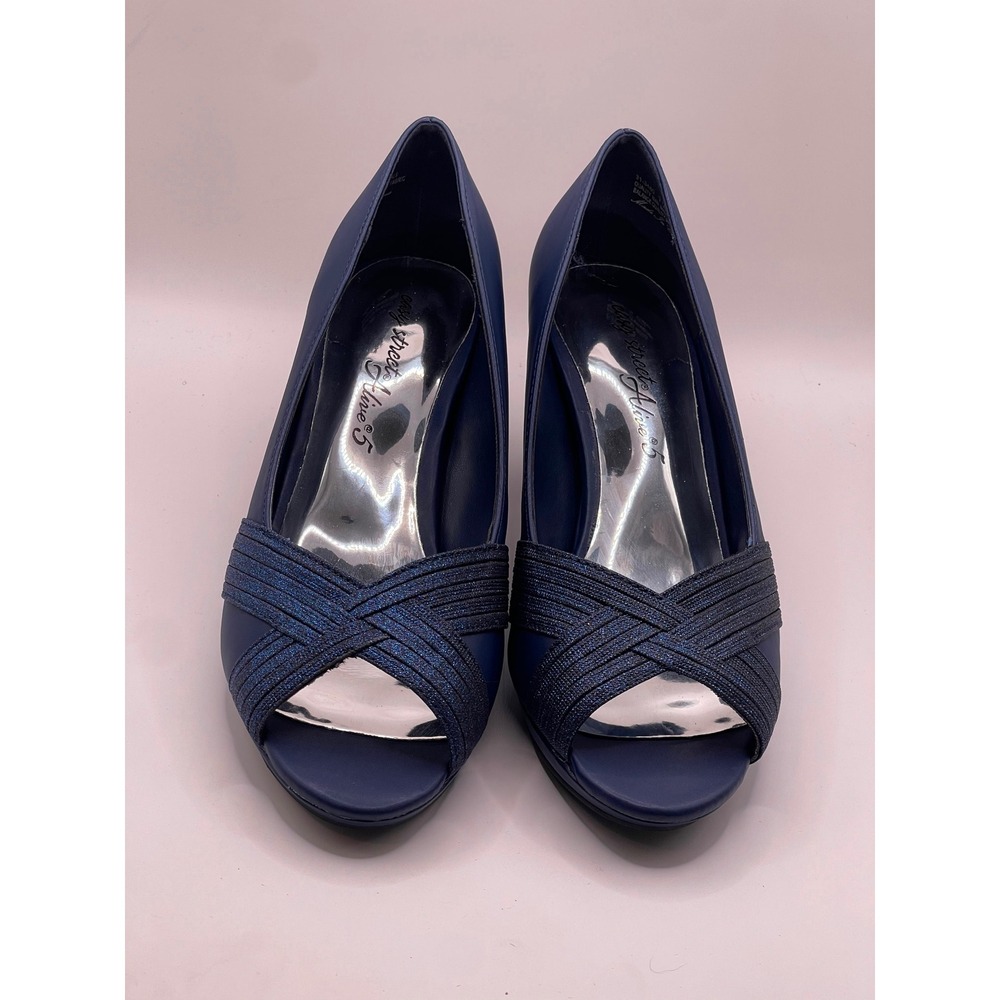 Easy Street Alive 5 Lavish Navy Blue Satin Glitter Peep Toe Pumps Heels 7.5 W